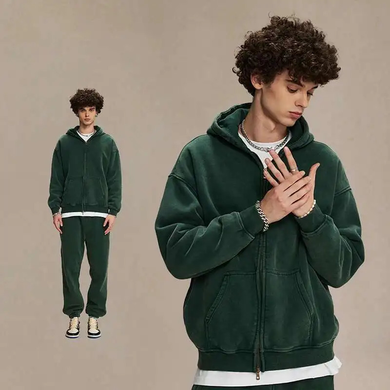 IEFB Mens Wear Wax Printing Vintage Male Hoodies Oversized Loose Zipper Water Washed Plush Sweatshirt Trendy 9C9349 251023