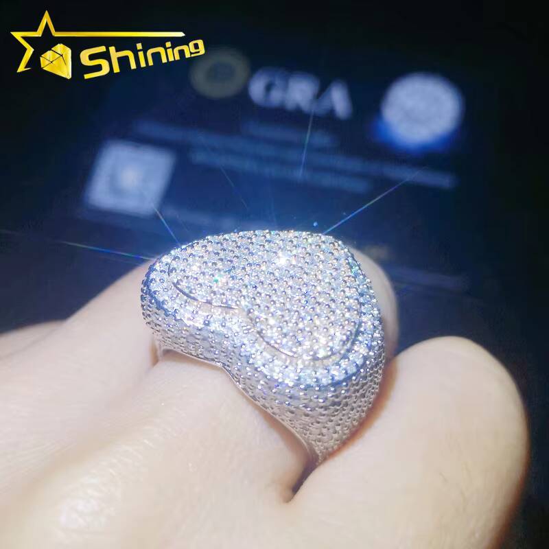 Newest Designs Solid Sterling Silver Mens Heart Shape Iced Out Moissanite Diamond Hiphop Rings