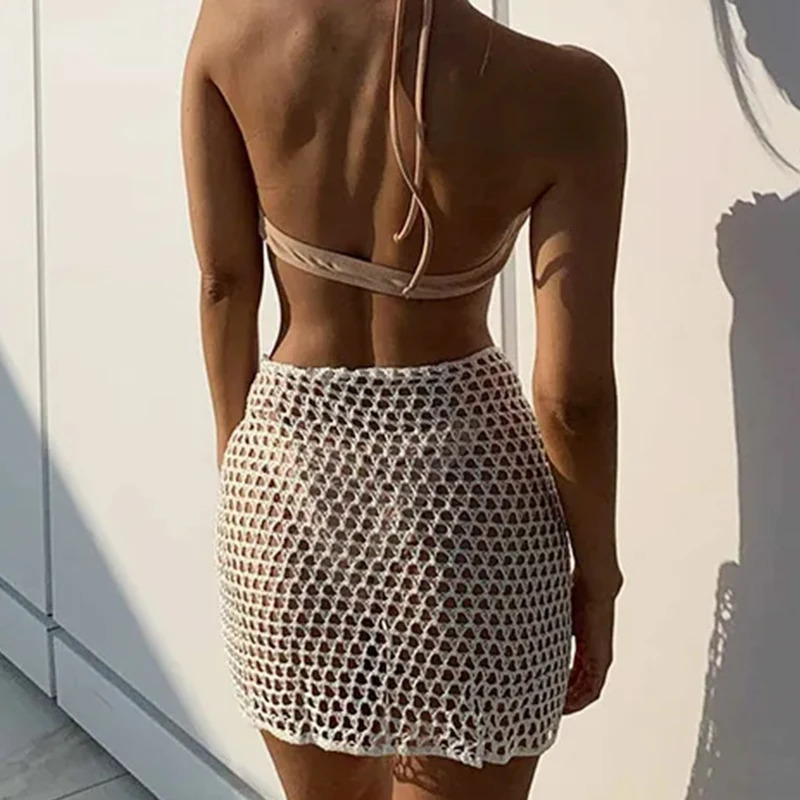 Trend Women Knitted Hollow Out Solid Color Skirt Sexy Beach Sunscreen Short Dress Swimsuit CoverUps Bonds Sarong Skirt 251020