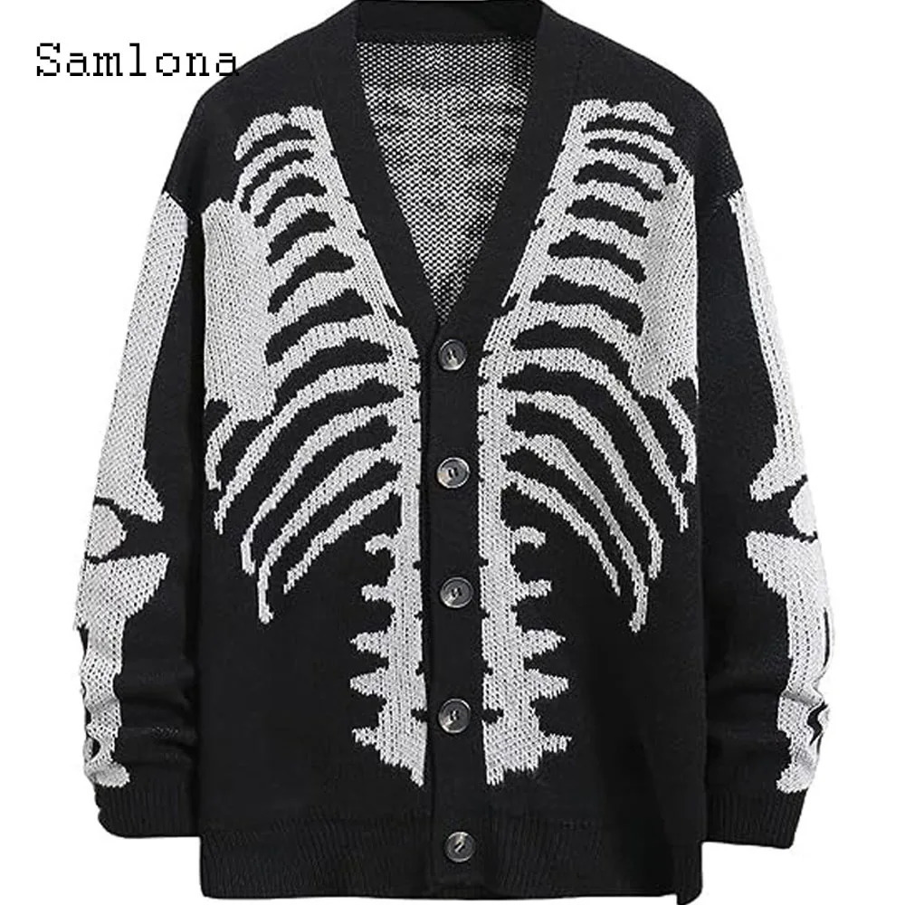 Plus Size Mens Casual Retro Knitted Sweaters Halloween Gothic Fashion Skull Print Top Cardigan Mens Collarless Sweater 251020