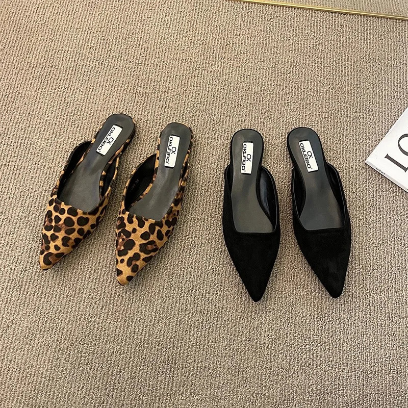 Women Slippers Pointed Toe Leopard Shallow Slip on Thin Low Heels Black Flock Casual Mules Loafers Black Outdoor 251023