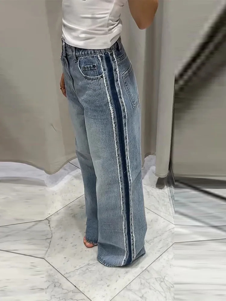 Chic Patchwork Womens Denim Jeans Pant High Waist Wide Leg Baggy Pants Trendy Spring Autumn Streetwear Casual Daily Trousers 251023