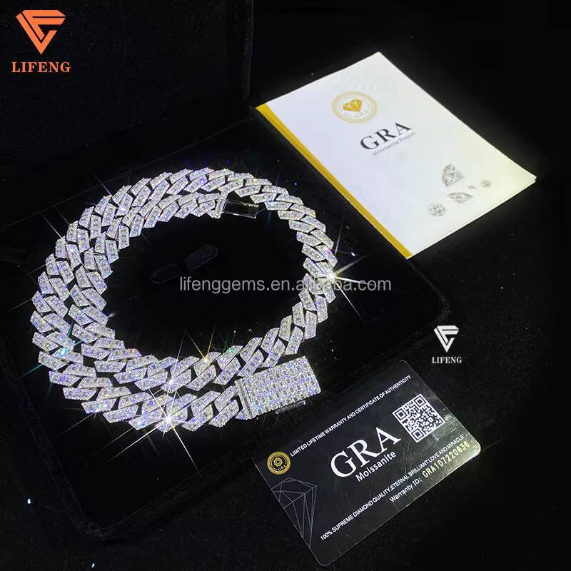 Lifeng Jewelry 18mm Baguette Cut VVS Moissanite Necklace Miami Cuban Link Chain Iced Hiphop 925 Silver Diamond Moissanite Chain
