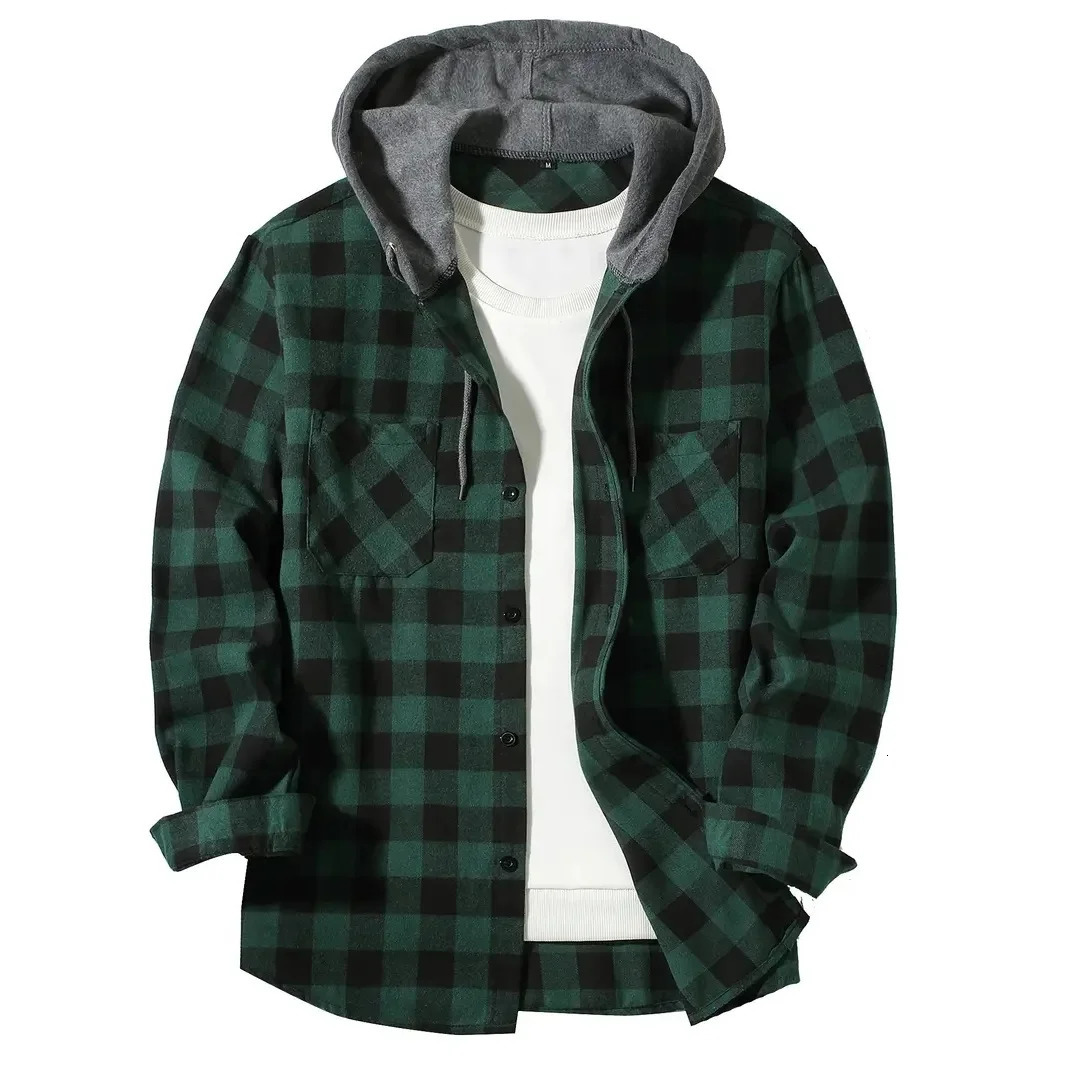 Mens Shirts Classic Plaid Casual Button Down Hooded Long Sleeved Double Pockets Shirt Hoodie Flannel Jacket Spring Autumn Tops 251023