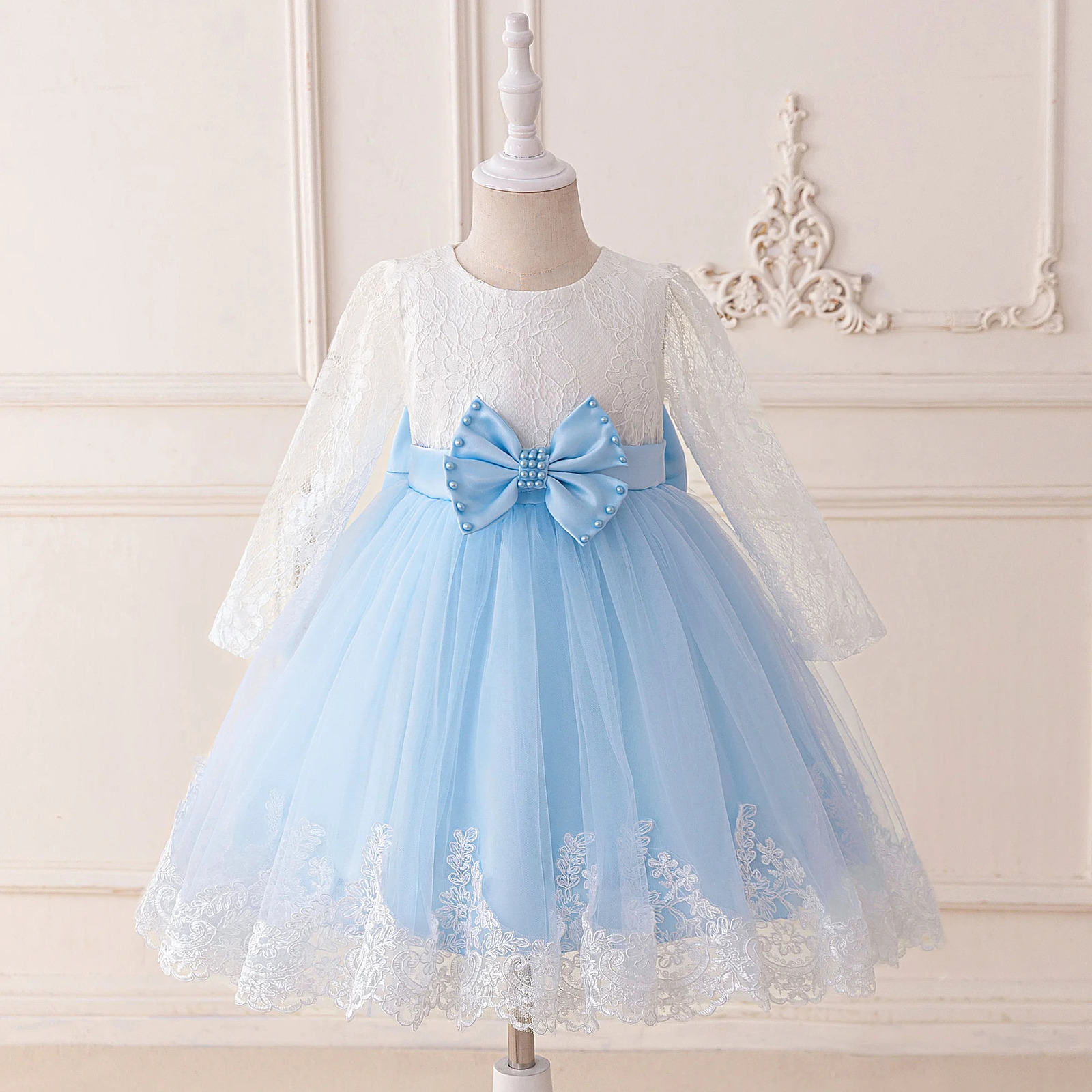 Elegant Bow Bridesmaid Party Girls Dress Long Sleeve Lace Baptism Princess Birthday Prom Dress Girl Wedding Pageant Kids Costume 251023
