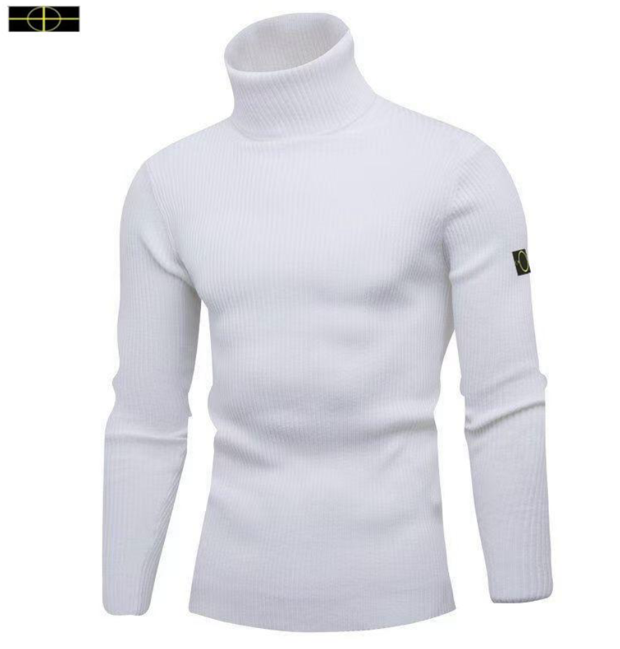 Men's Stones New Style Men's Solid Color Knitted Sweater Slim Fit Striped High Collar Sweater Islands Autumn/Winter Men's Versatile Sweater Top