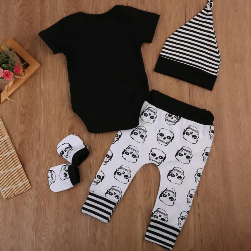 CANIS 4pcs Set born Kids Baby Boy Skull Outfits Clothes TopsLong Pants Hat Fashion High Quality 251023