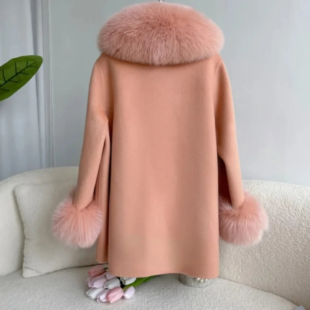 2024 Real Fur Coat Winter Autumn Women Woolen Jacket Big Detachable Collar Loose Cashmere Blends Fashion Cloak 251014