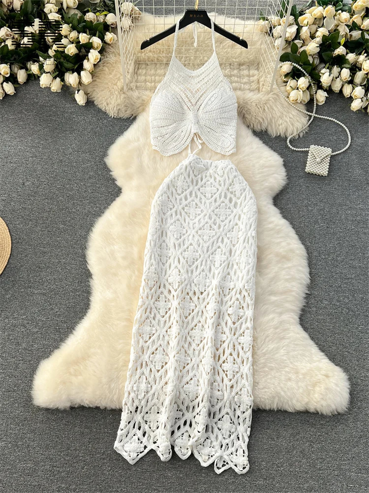 SINGREINY Vacation Two Piece Set Women Backless Camisole Halter Hollow Out Elastic Waist Long Skirt Summer Casual Knit Suit 251020