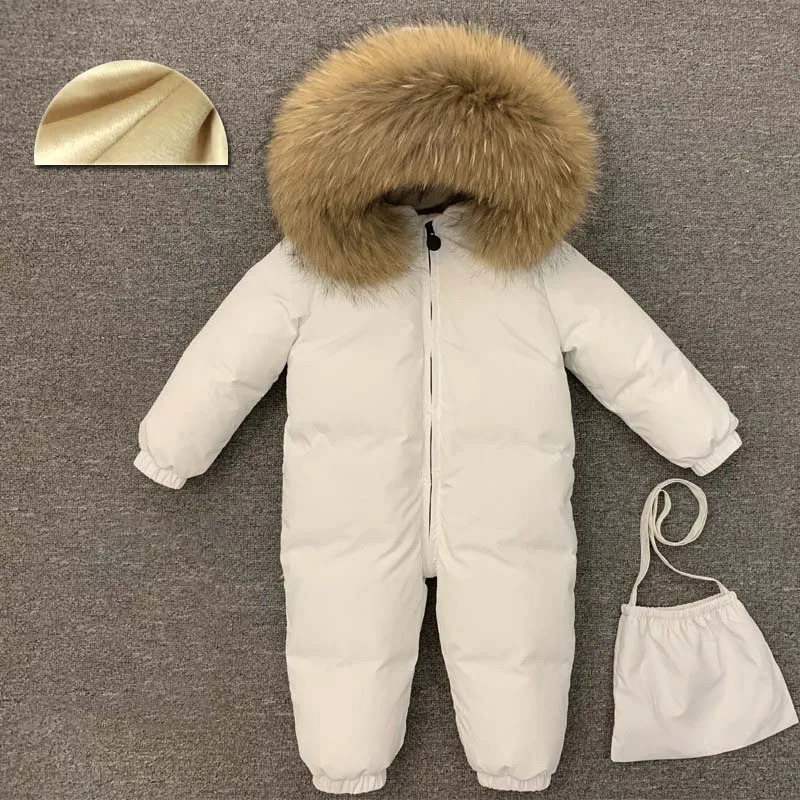 30 Degree Infant Snowsuit Fur Collar Duck Down Filling Thick Warm Toddler Boys Girls Down Rompers Baby Winter Jackets 251023