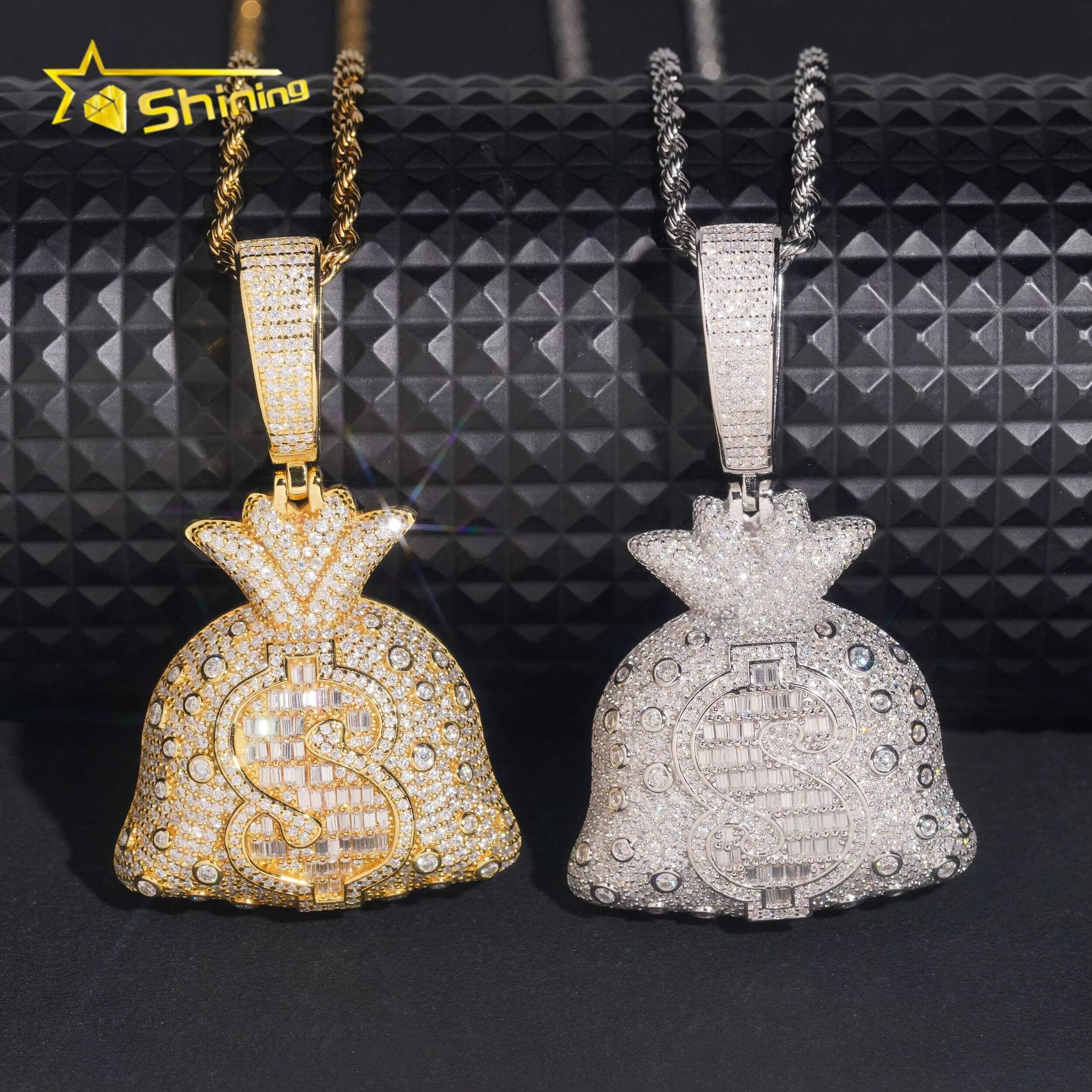 Iced Out Moissanite Dollar Symbol Charm 925 Sterling Silver Gold Plated Moneybag Moissanite Hip Hop Pendant