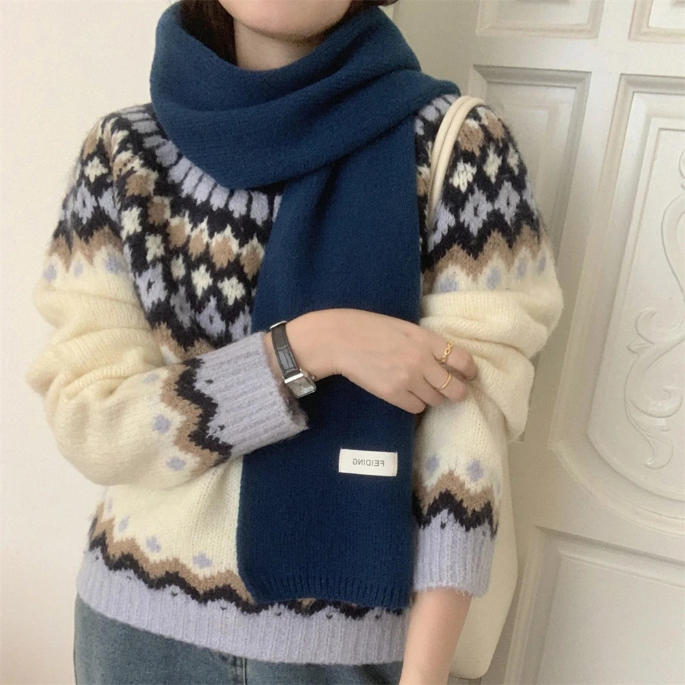 Winter Womens Scarf Korean Solid Color Knitted Woolen Scarves Outdoor Thickened Neckerchief Hijab Christmas Gift Accessories 251024