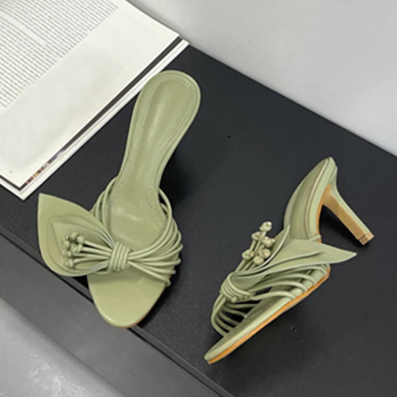 Liyke Women Green Leaf Narrow Band Summer Slipper Sandal Street Fashion Open Toe Mules Thin Low Heels Party Dress Shoes 251023
