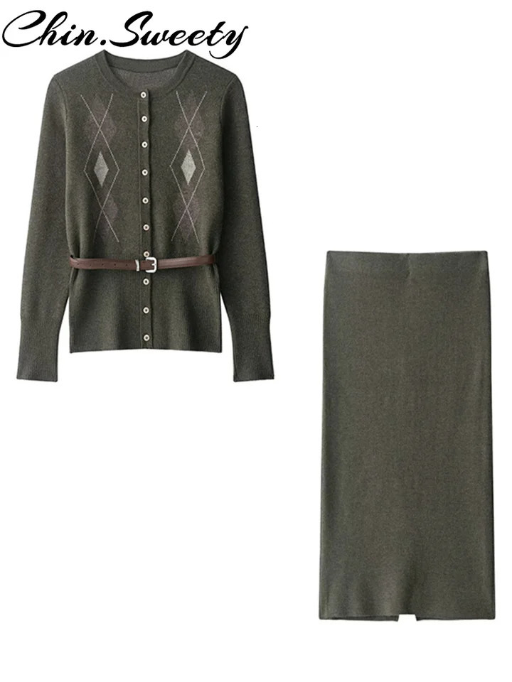 Elegant Knit Cardigan Skirt Women Set Fashion Print Long Sleeve Button Sweater Split Skirts Autumn Winter Lady Outfit 251020