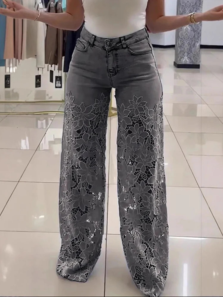 Plus Size Womens Stretch Denim Jeans With CutOut Lace Splicing Summer High Waist Wide Pants Elegant Female Chic Trousers 251023
