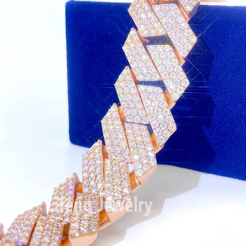 High Quality 18MM 3 Rows VVS Moissanite Necklace Rose Gold Plated Cuban Chain Stylish Hiphop Style for Men and Women