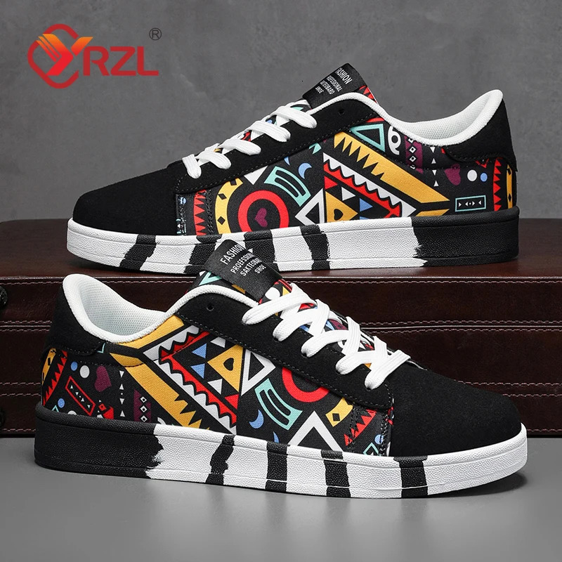 YRZL Mens Sports Running Shoes Canvas Geometric Style LaceUp Sneakers Couples Fashionable Graffiti Print Skate Shoes Men 251023