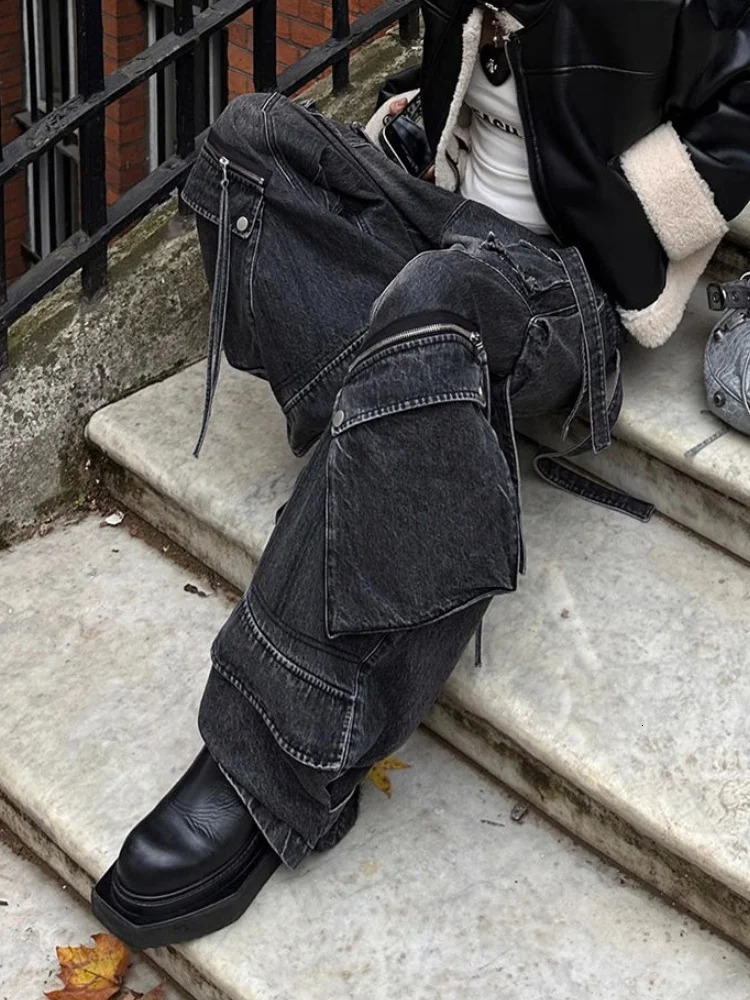 Punk Style Y2K Streetwear Washed Black Baggy Cargo Jeans Pants For Women Clothes Wide Leg Lady Trousers Ropa Mujer 251023