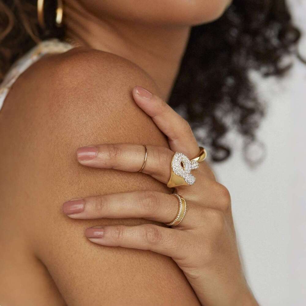 Bubble Initial Ring for Women, 14k Gold Plate Balloon Jumbo Letter Rings Open Adjustable Dainty Pave CZ Personalized Fashion Trendy Statement Jewelry 