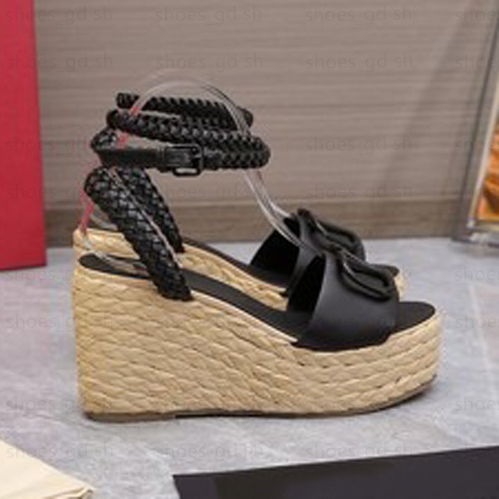 Classics platform wedge Sandals genuine leather ankle strap buckle Lafite grass weaving Chunky Heel heels Open toe toe dress shoe Women Luxury Designers Sandal