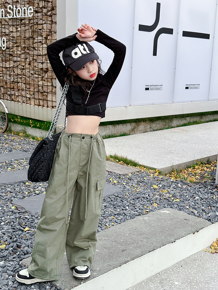 Free Shipping 2025 Spring Girls Parachute Cargo Pants, American Style High-Waisted Wide-Leg Joggers, Loose Casual Trousers for Big Kids & Teens