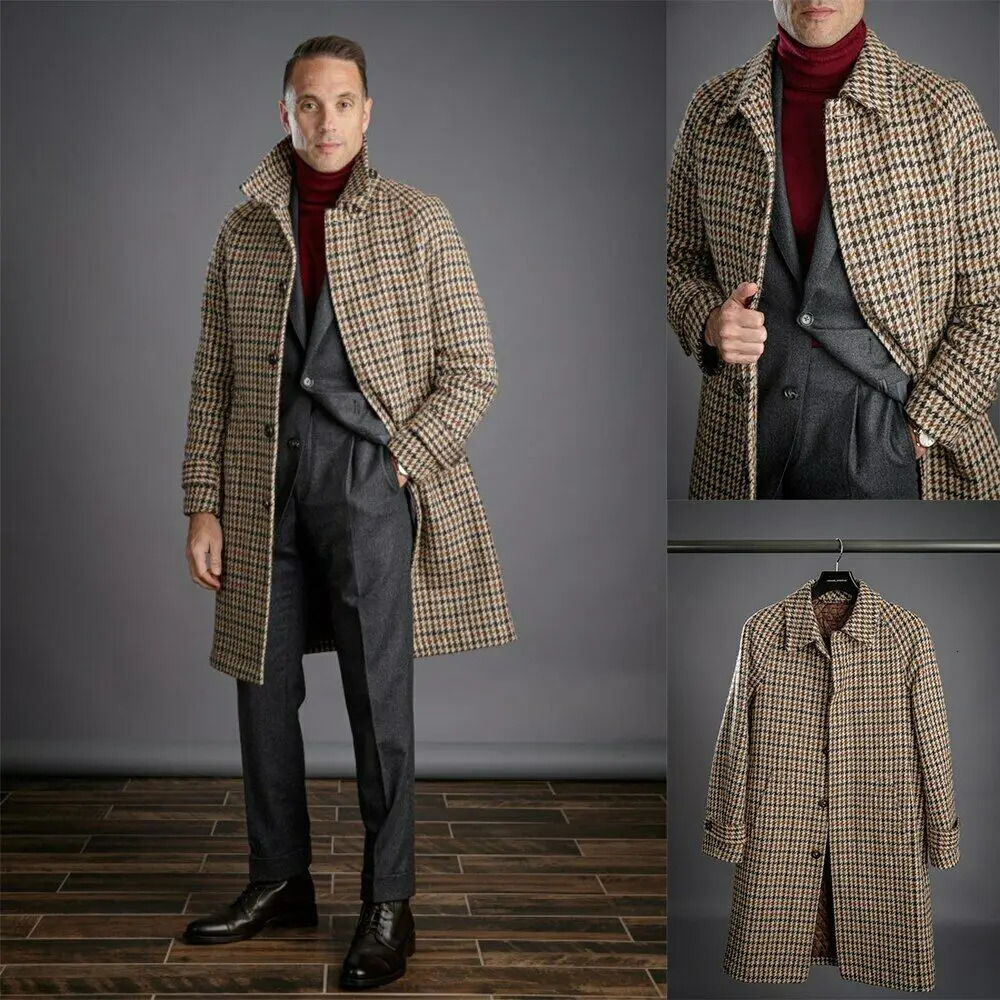 Long Woolen Men Coat Literature Art Retro Plaid Singlebreasted Lapel Thick Autumn Winter Warm Tailored 251017