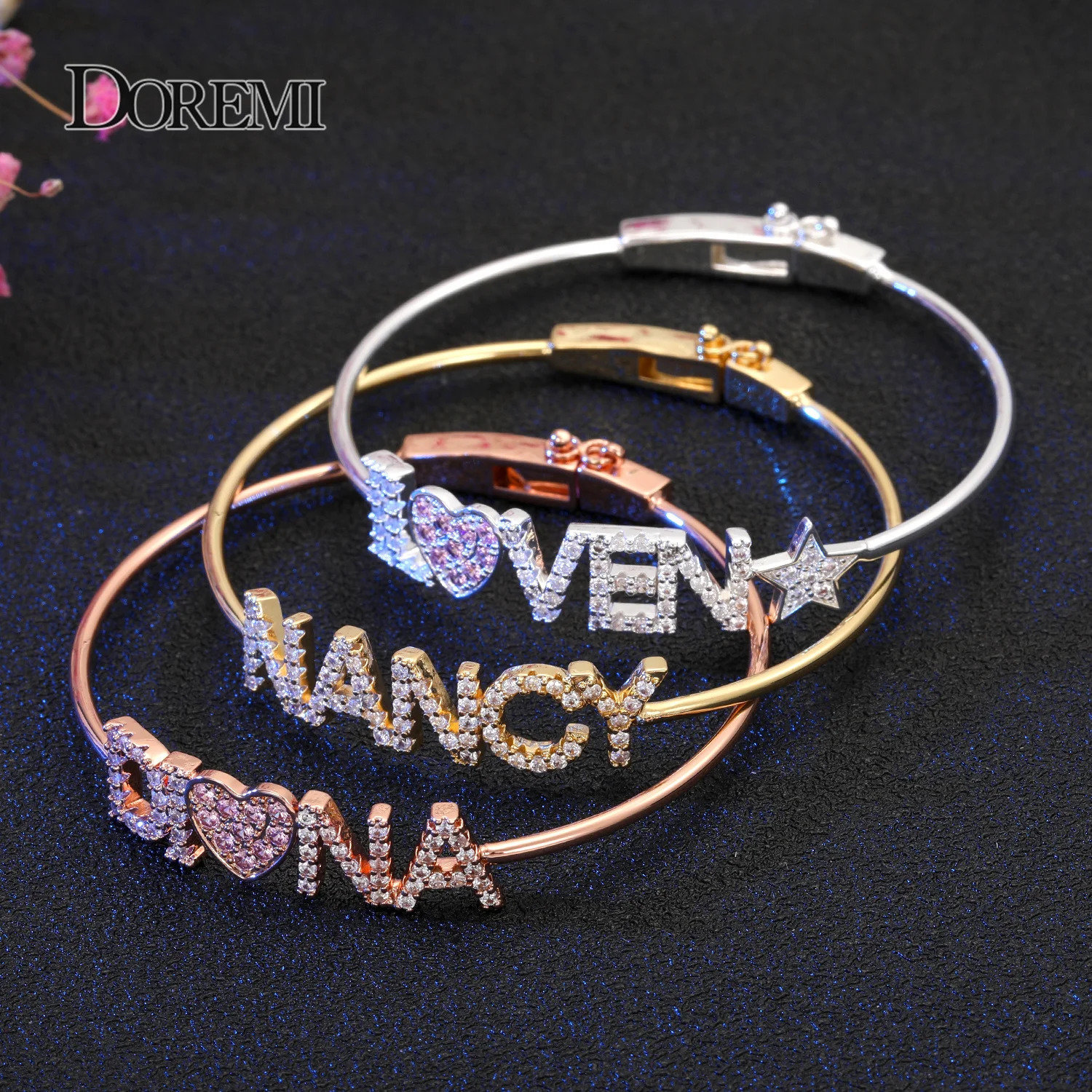 DOREMI Crystal Name Bangle with Zircon Pink Heart Bracelet Custom 9mm Letter Personalized Bracelets Rhinestone Hand Jewelry 251023