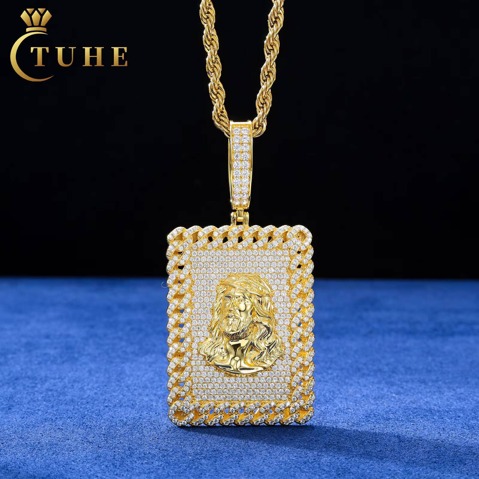 Luxury Men Jewelry 18K Real Gold Plated 925 Sterling Silver Moissanite Diamond Iced Out Jesus Sign Dog Tag Pendant With Cuban