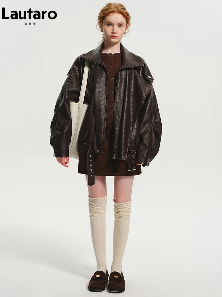 Lautaro Spring Autumn Cool Brown Oversized Pu Leather Jacket Women Long Sleeve Zip Up er American Retro Clothing 251020