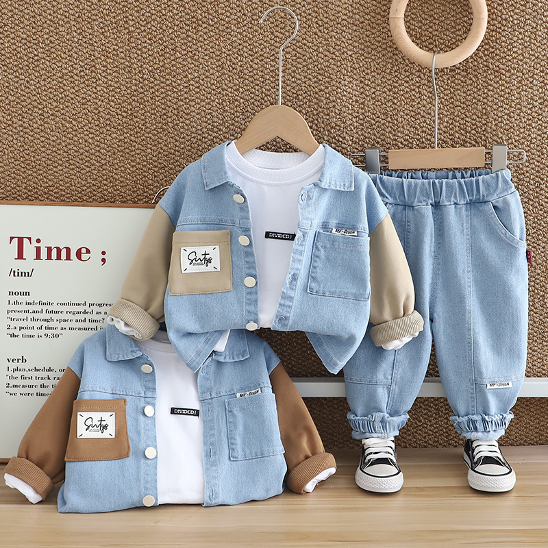 kids designer clothes 2025 Spring Autumn Boys Color Block Denim 3-Piece Set, Casual Long Sleeve Outfit with Jeans & Shirt, Trendy Toddler Clothes