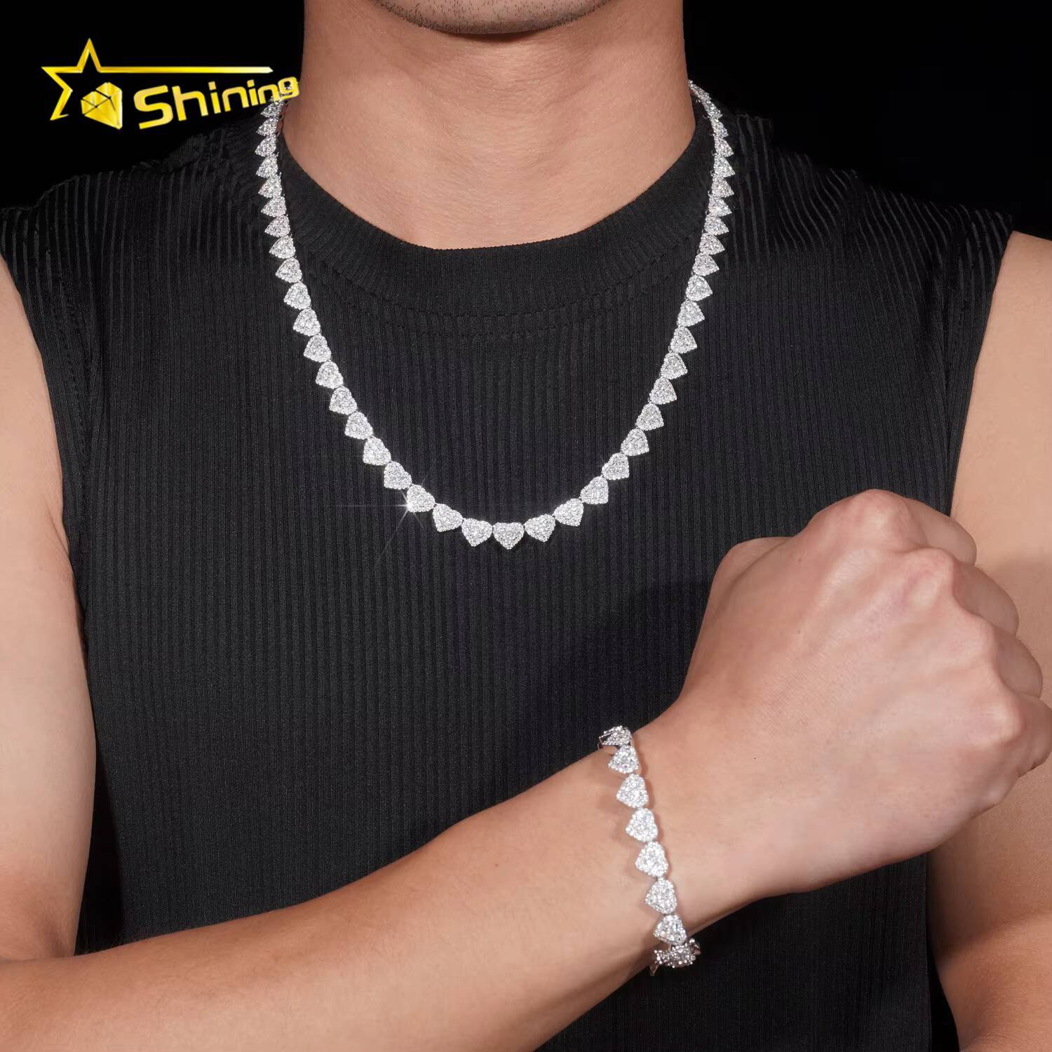 Hot Selling 8mm Width Heart Shape Iced Out VVS Moissanite Chain Cuban Link Hip Hop 925 Silver Men Moissanite Necklace