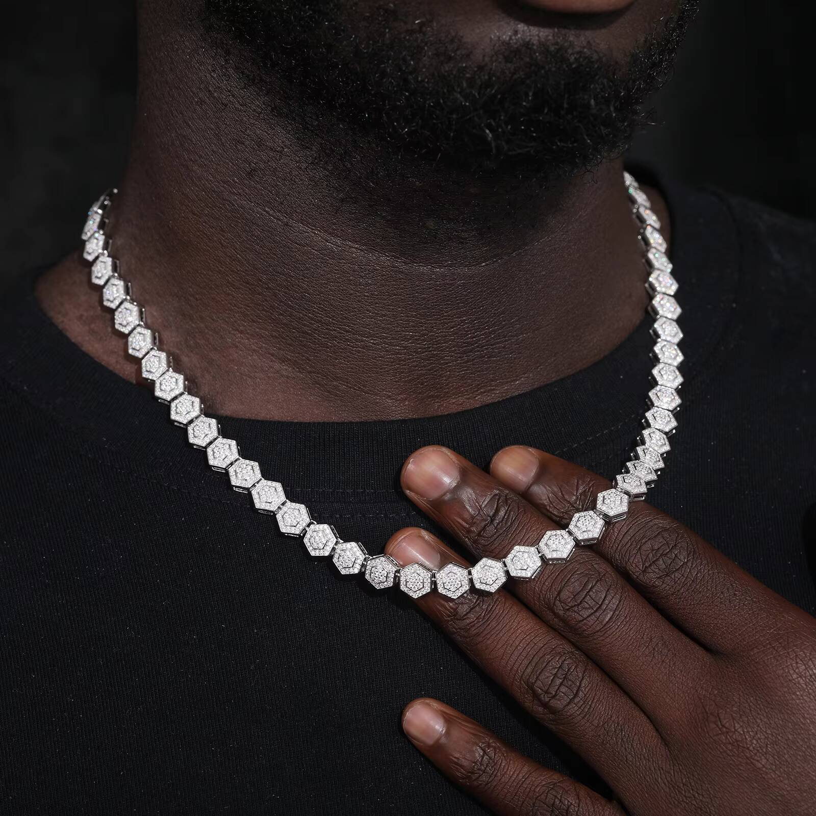 Jewelry Wholesale Mens Geometric Necklace 85mm 925 Sterling Silver VVS Moissanite Diamond Iced Out Hexagon Link Chain