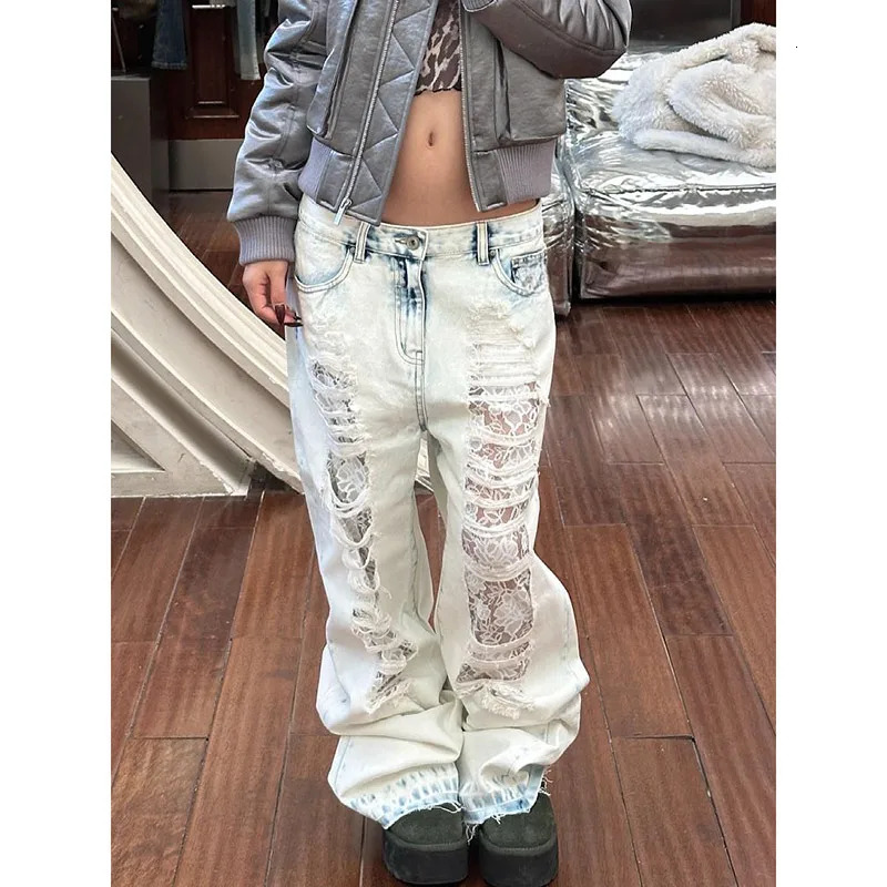 Light Blue Womens Ripped Jeans High Waist Vintage Classic Straight Baggy Denim Pants Street Y2K American Style Wide Leg Denim 251023