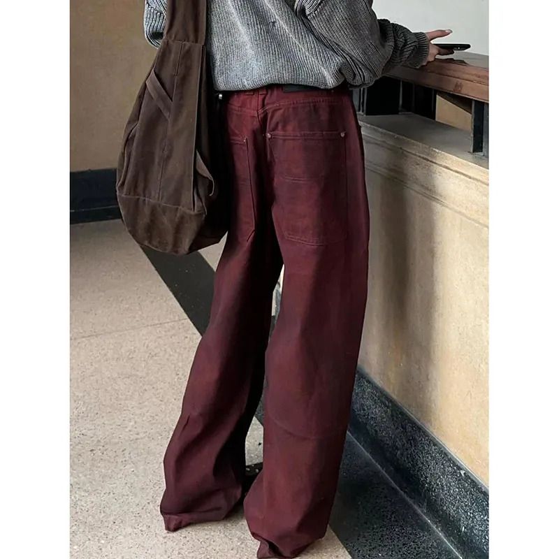 2025 Vintage Women Burgundy Jeans High Waist Y2K ed American Style Streetwear Denim Pants Casual Female 90S Trousers 251023