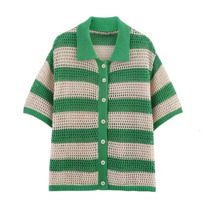 Women's Sweaters Women Lapel Slim Tops Ladies Buttons Stripe Sexy V Neck Short Sleeve POLO Neck Knit Cardigan Sweater Women 231009