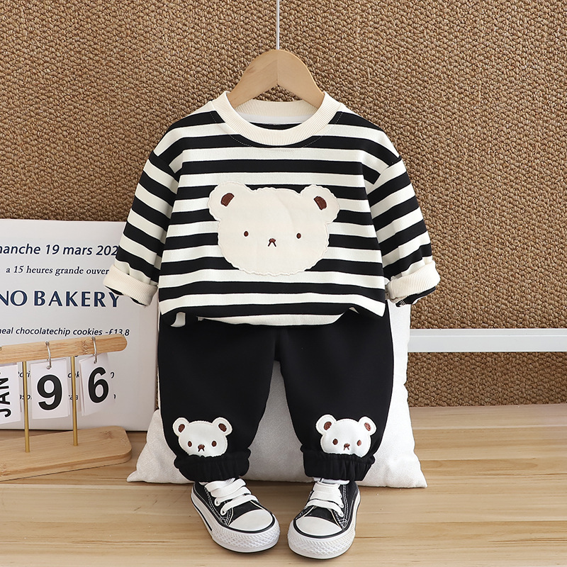 kids designer clothes 2025 Boys Bear Print Hoodie 2-Piece Set, Autumn Casual Outfit for Toddler Boys, Cute Animal Themed Clothes for Baby Boys