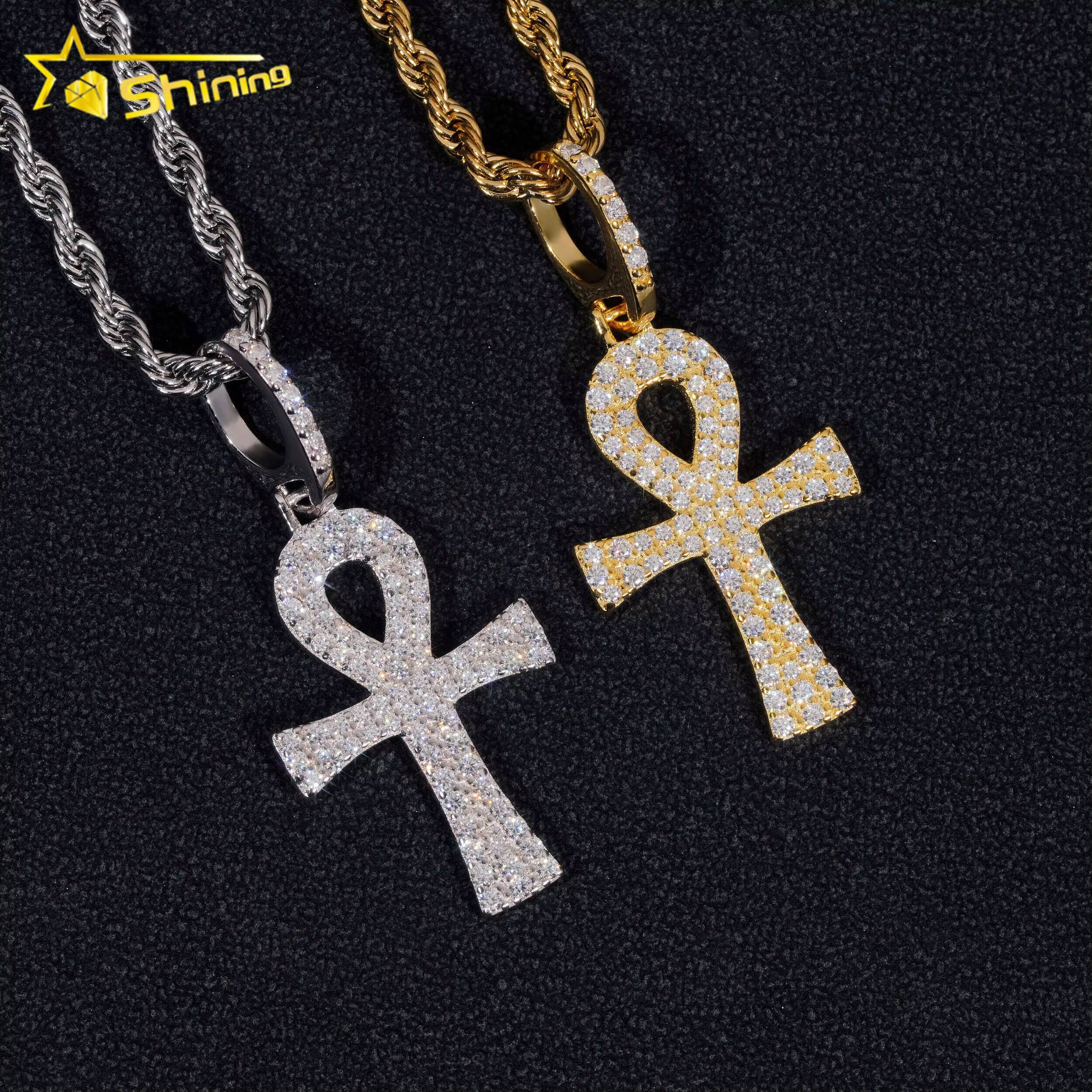 RTS 925 Sterling Silver Gold Plated Moissanite Cross Pendant Hip Hop Men Fine Jewelry Moissanite Pendant GRA Certificated