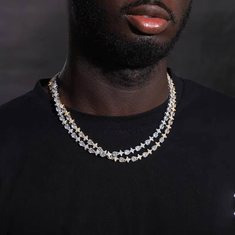 Bling Iced Out Mens Jewelry 925 Sterling Silver Star Round Moissanite Luxury Tennis Chain Necklace for Party