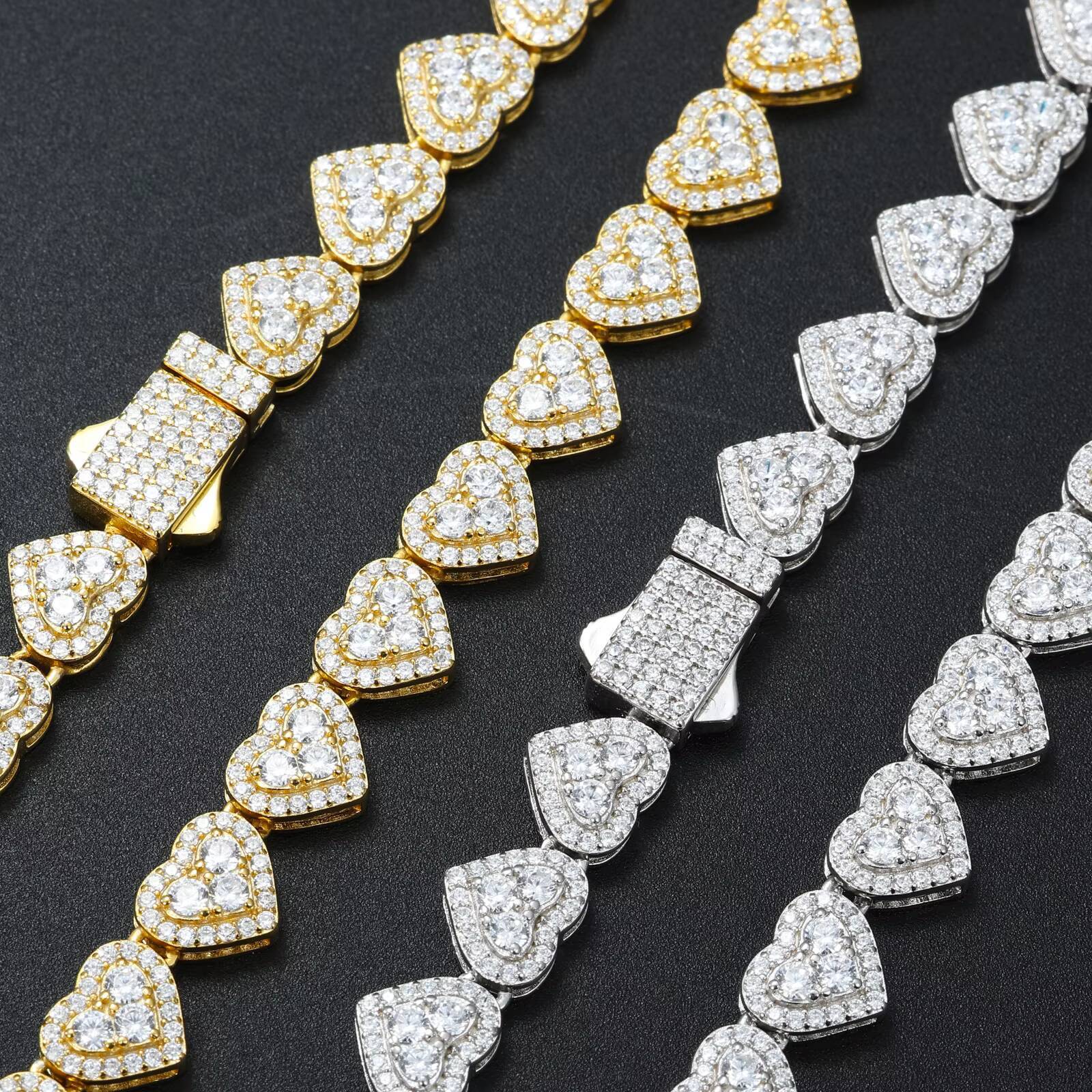 Luxury Party Jewelry 8MM Gold Plated 925 Sterling Silver VVS Moissanite Diamond Valentine Gifts Heart Tennis Chain Necklace