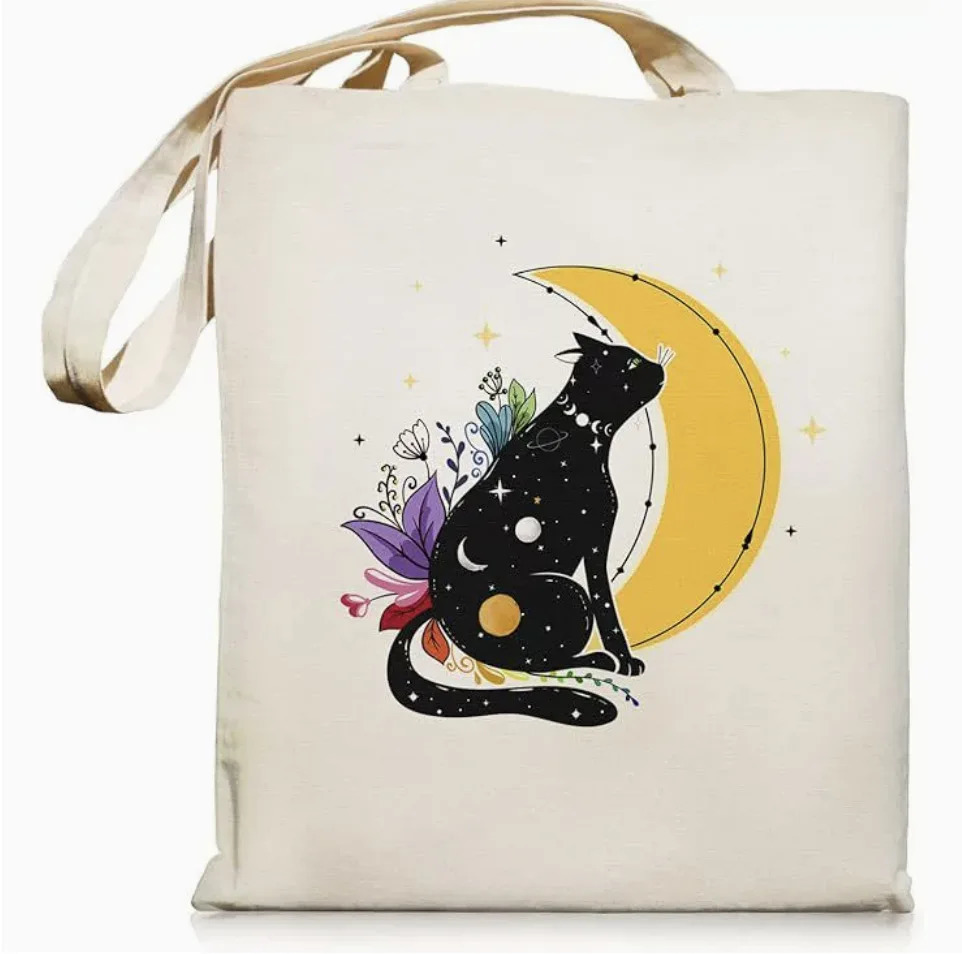 Black Cat Canvas Tote Bag with Zipper Pockets Vintage Flowers Cute Shopping Grocery Bags Birthday Gift 251018