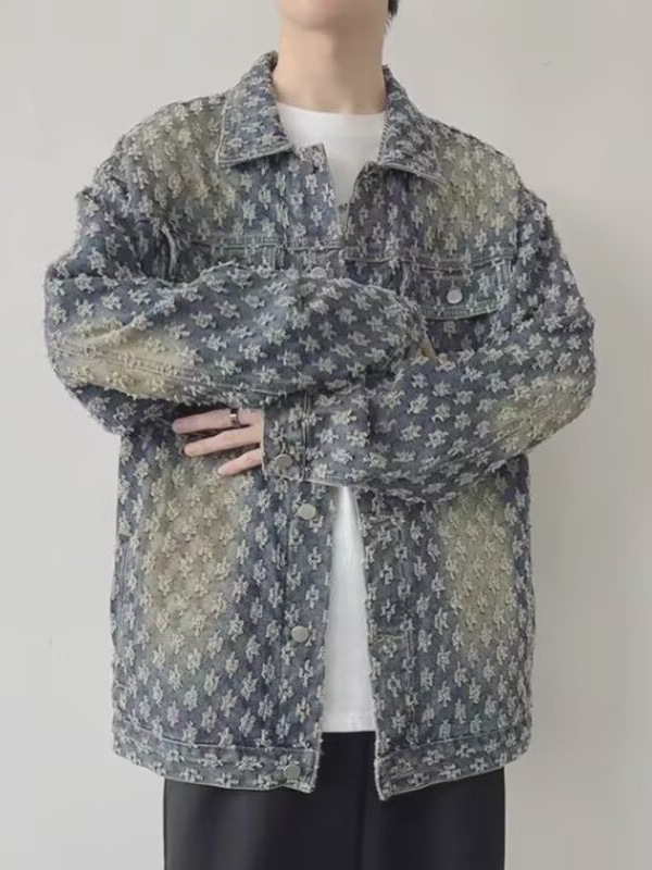 Designer Men's Denim Jacket Washed Jacquard Pattern Loosen Fit Vintage design Coats Jackets Tops Males Casual Winter Clothes Asian Size M-3XL