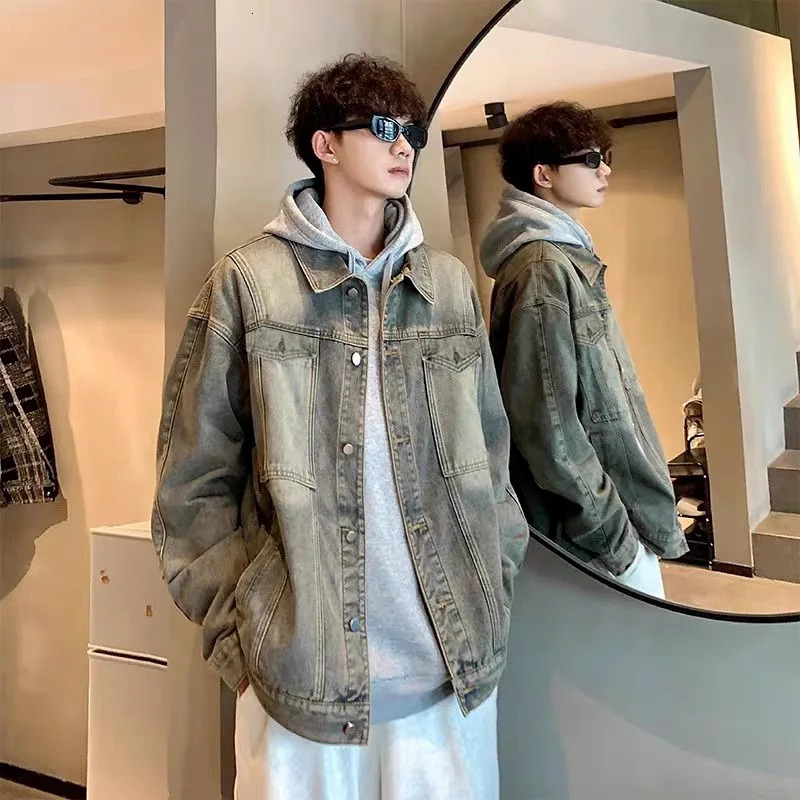 Trendy Mens Denim Jacket Autumn Winter Ripped Patchwork n Oversized Fit Urban Street Style Unisex 251017