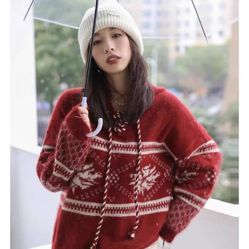 100 pure wool cashmere sweater womens autumn and winter hooded collar pullover fashionable loose knit plus size top 251023