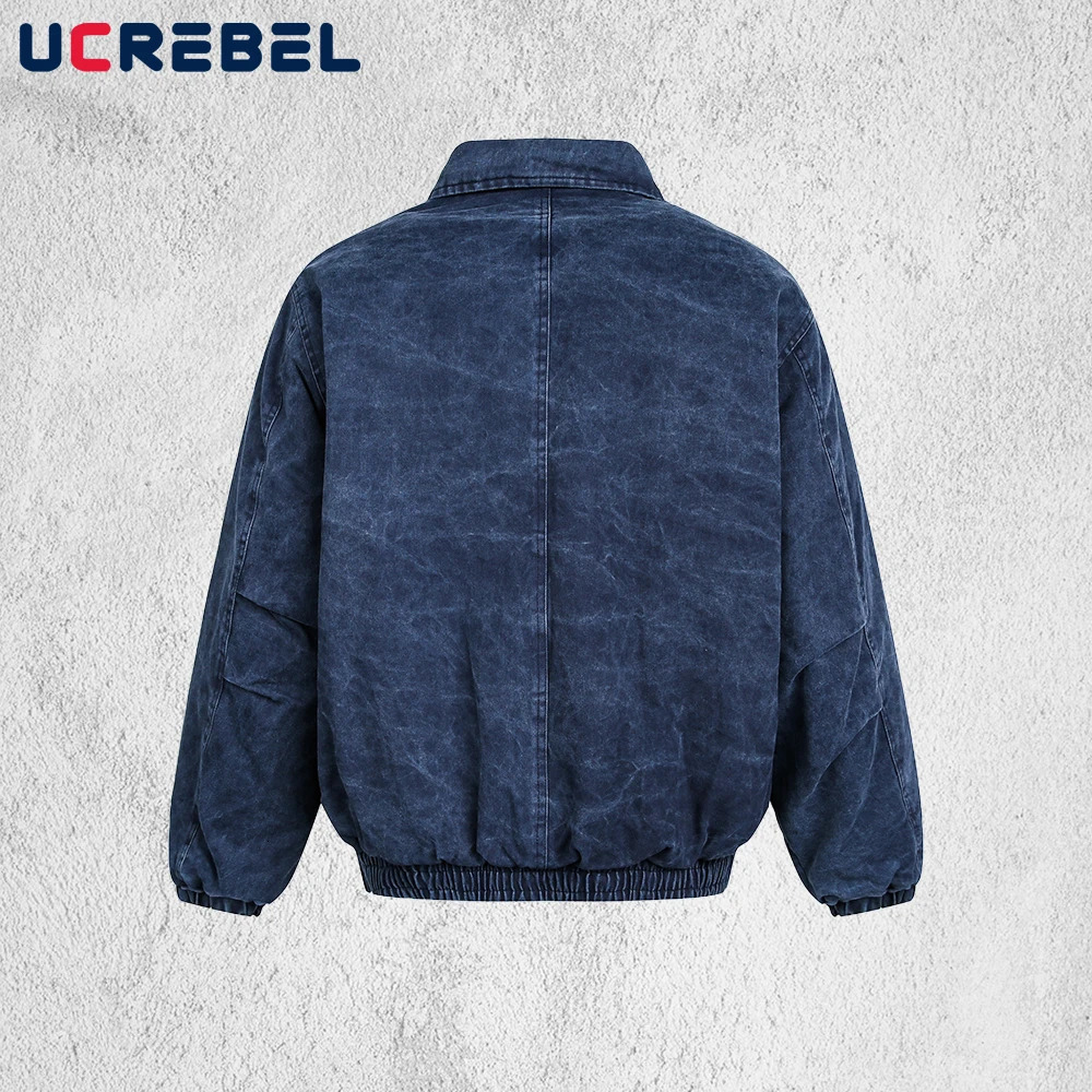 Pocket Denim Quilted Jacket Mens Winter High Street Washed Distressed Thick Lapel Long Sleeve Padded Man 251017