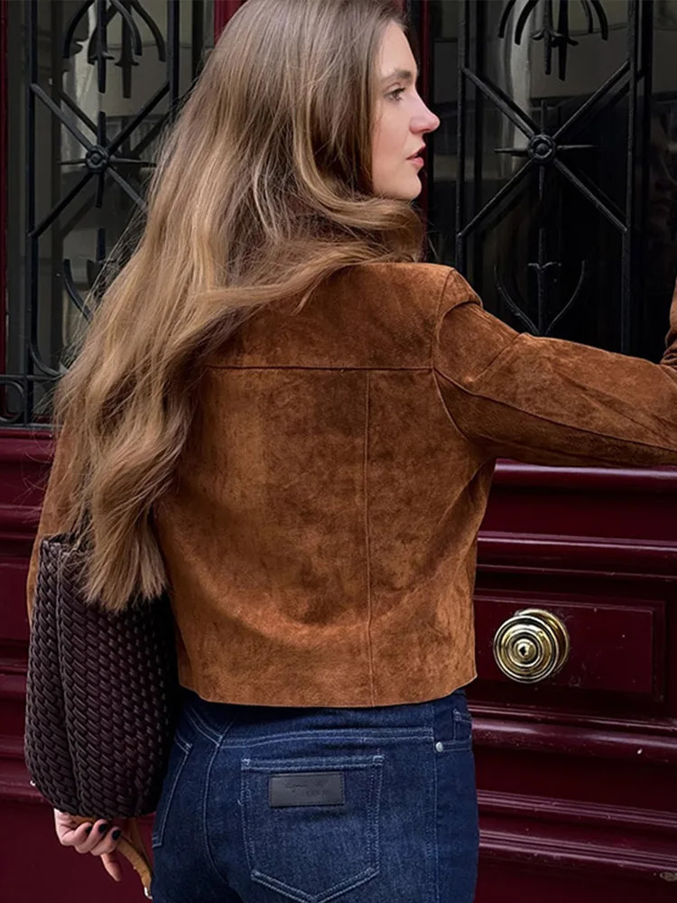 Vintage Womens Zipper Suede Short Jacket Long Sleeve Lapel Pockets Brown Slim Coat Autumn Lady Allmatch Outwears 251020