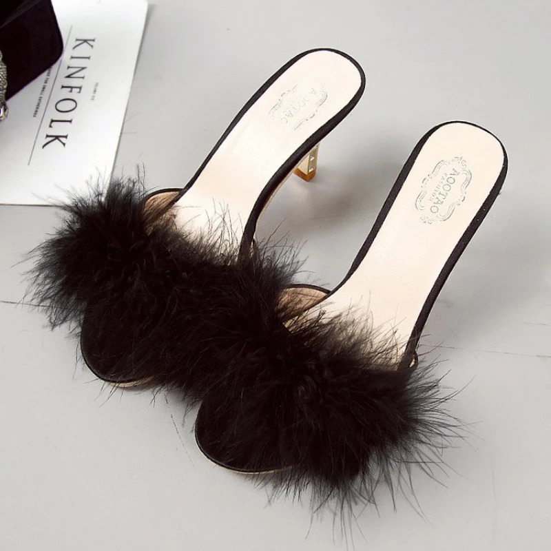 Women Slippers Summer Fashion Hairy Stiletto Sandals Slippers Women Word Drag Open Toe Wear High Heel Slippers Women 251023