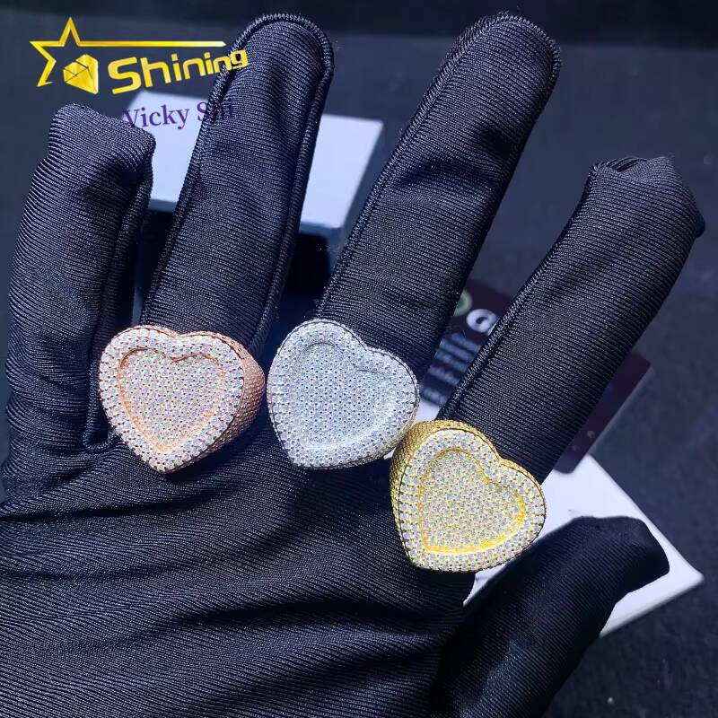 Pass Diamond Tester 925 Silver Hip Hop Heart Style Moissanite Diamond Ring Custom Fine Jewelry Rapper Ring
