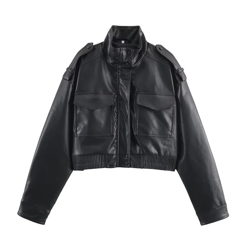 Womens Jacket Fall Dark Green Long Sleeve Faux Leather Short Jacket Biker Style Casual Fashion Personality 251020
