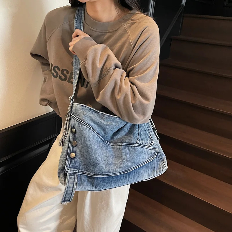 2025 Womens Denim Tote Bag Retro Crossbody Shoulder with Large Capacity for Work Commute Fashionable Handbag 251018