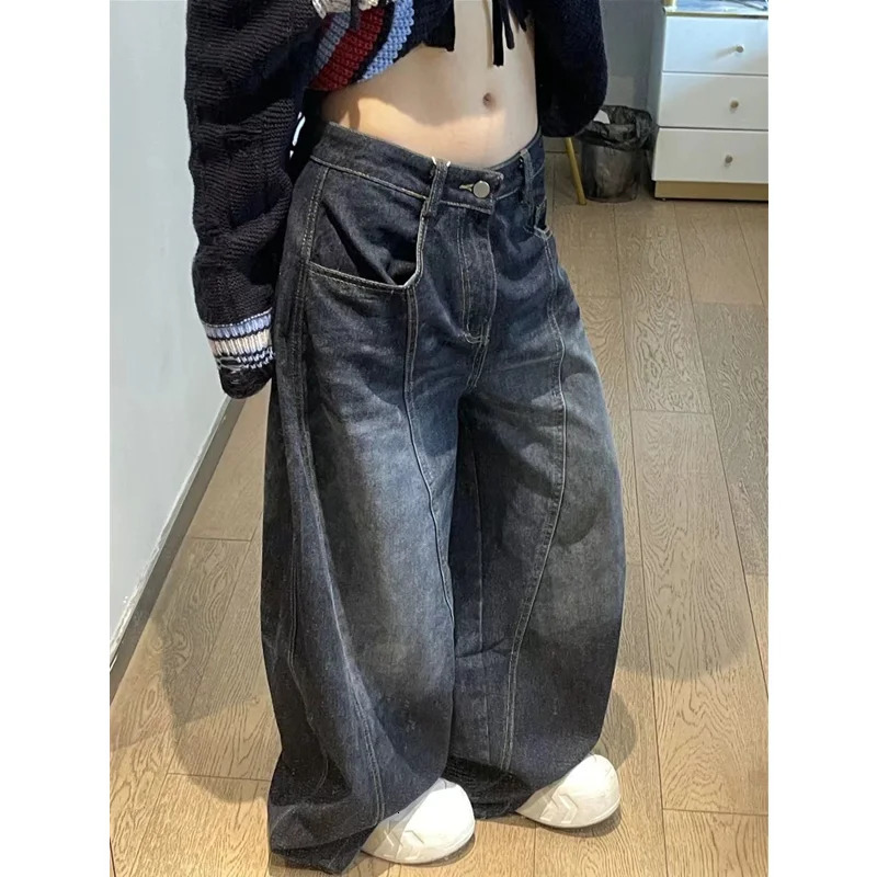 Black Womens Jeans High Waist Vintage Hip Hop Straight Baggy Denim Pants Street Y2K American Style Wide Leg Denim Trouser 251023